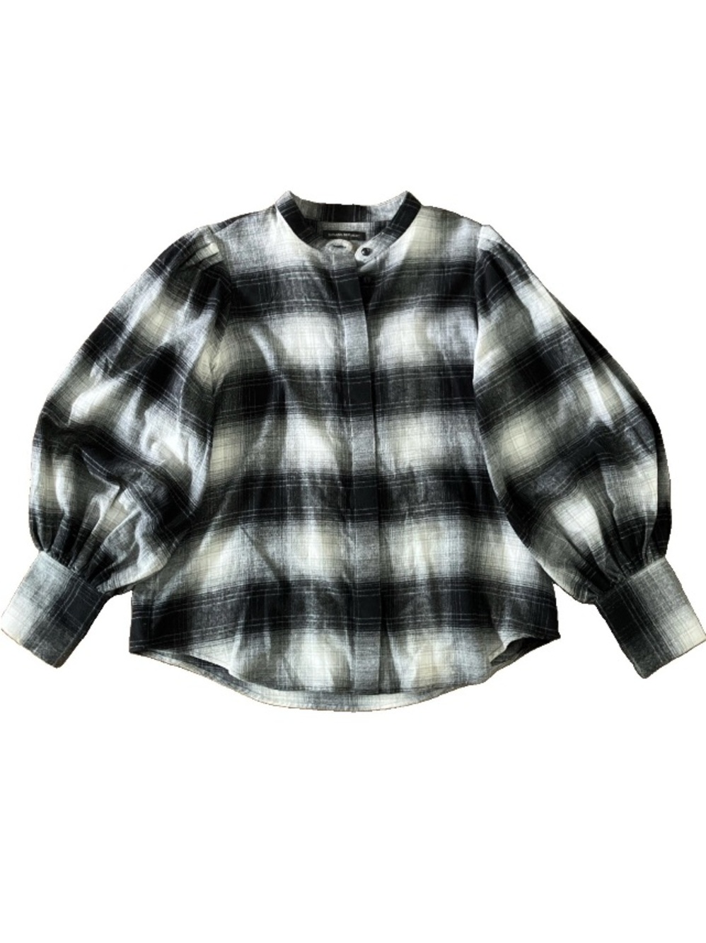 Banana Republic M Puff Sleeve Flannel Shirt Black White Plaid Relaxed Transition